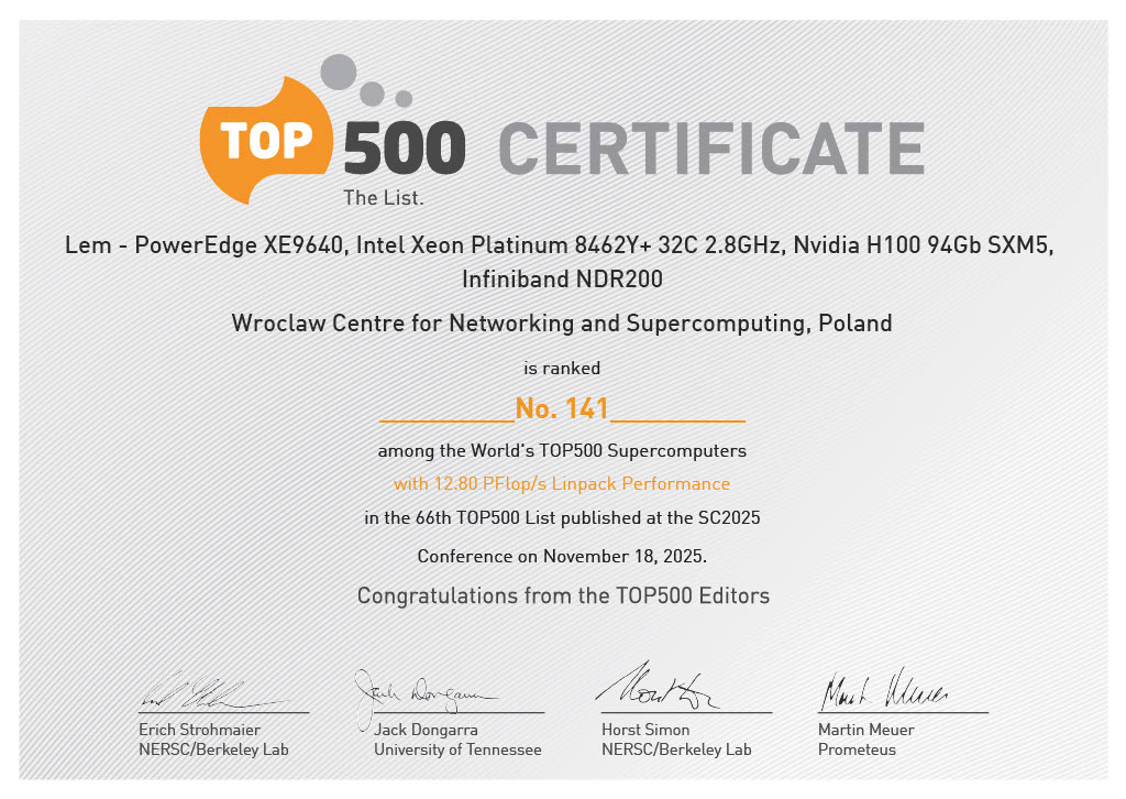 Certyfikat uzyskania 141. miejsca na liście TOP500.