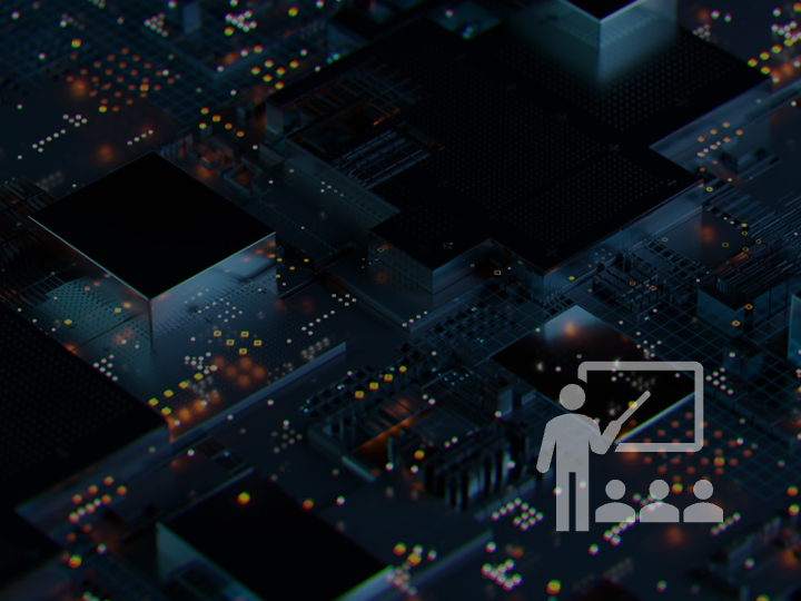 Grafika z infrastrukturą komputerową i symbolicznym przedstawieniem szkolenia